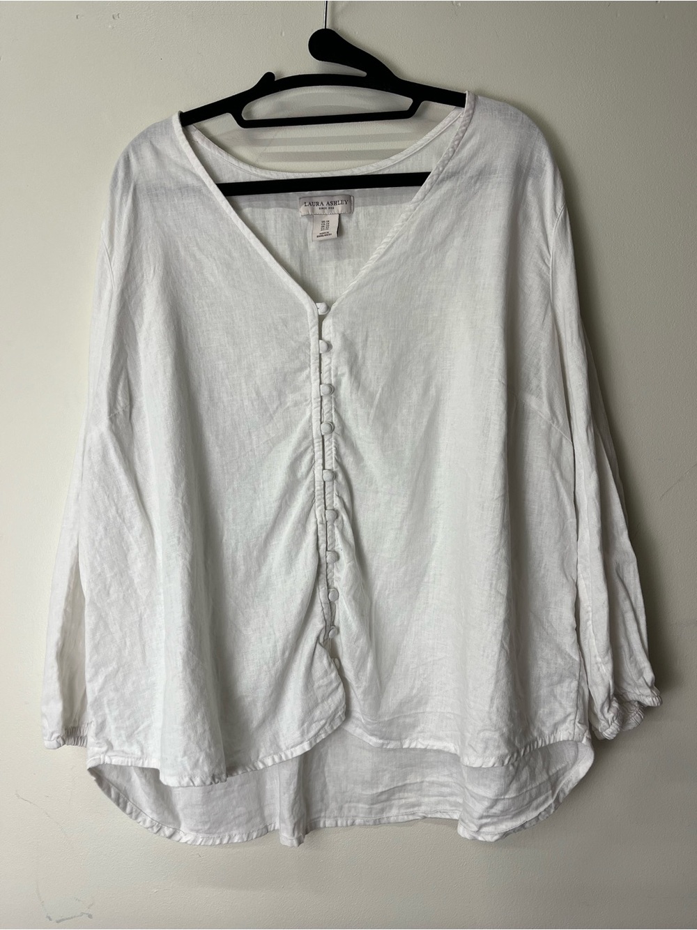 Laura Ashley White Button-Front Linen Blend Long Sleeve Top